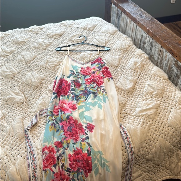 Dresses & Skirts - Floral Maxi Dress with Red and Green Accents